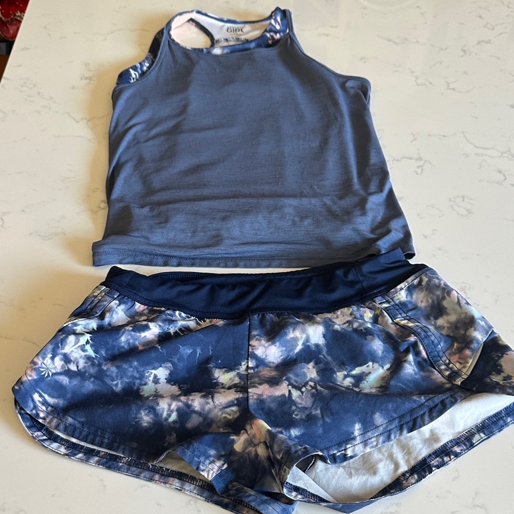 Athleta Girl Navy and marbled Activewear Set shorts and layered top size L 12
